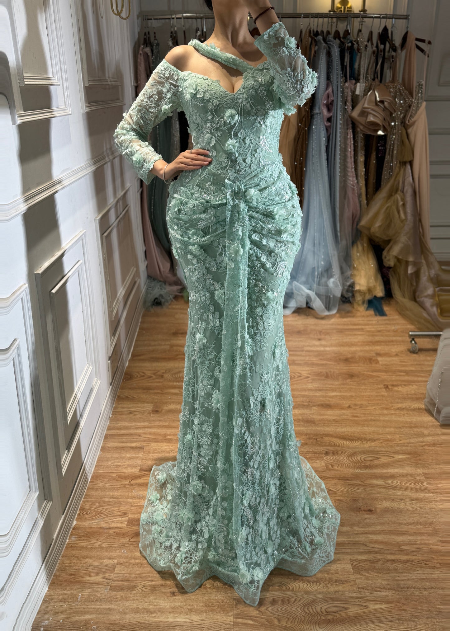 Elegant Sage Green Beaded 3D Floral Lace Evening Dress LA73384