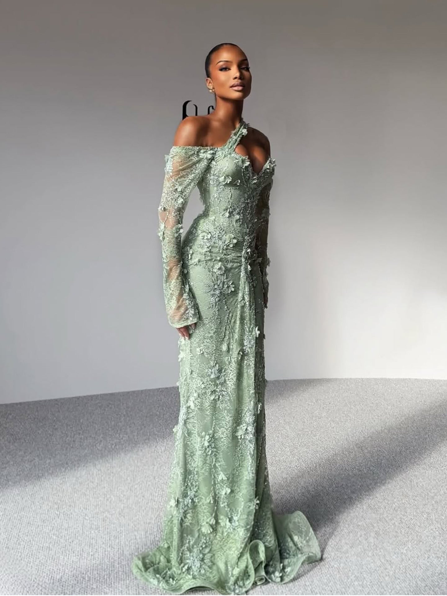 Elegant Sage Green Beaded 3D Floral Lace Evening Dress LA73384