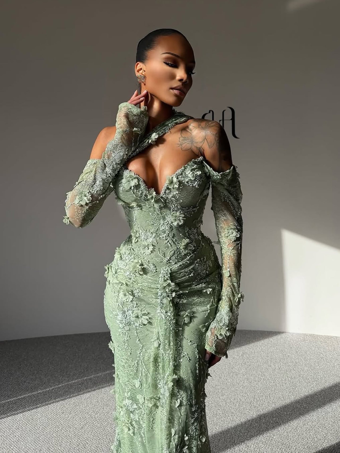 Elegant Sage Green Beaded 3D Floral Lace Evening Dress LA73384