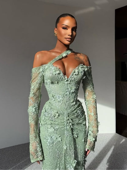 Elegant Sage Green Beaded 3D Floral Lace Evening Dress LA73384