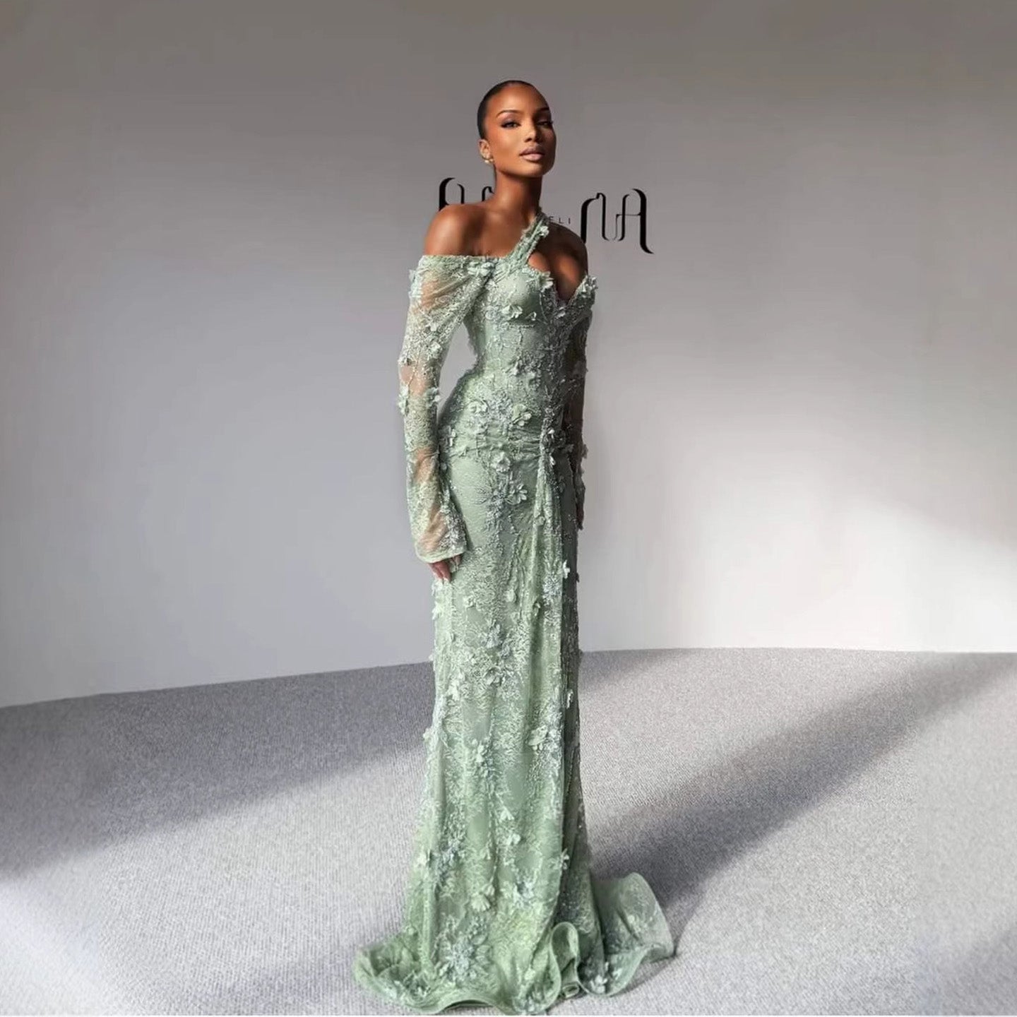 Elegant Sage Green Beaded 3D Floral Lace Evening Dress LA73384