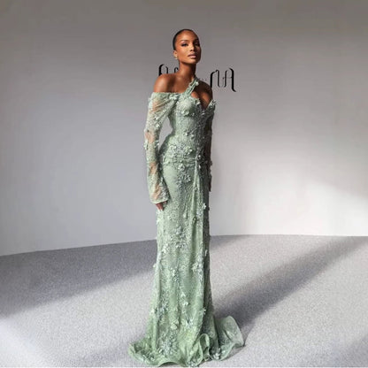 Elegant Sage Green Beaded 3D Floral Lace Evening Dress LA73384
