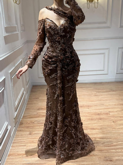 Elegant Sage Green Beaded 3D Floral Lace Evening Dress LA73384