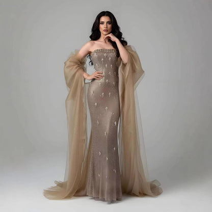 Luxury Gold Crystal Mermaid Evening Dress with Cape LA73387