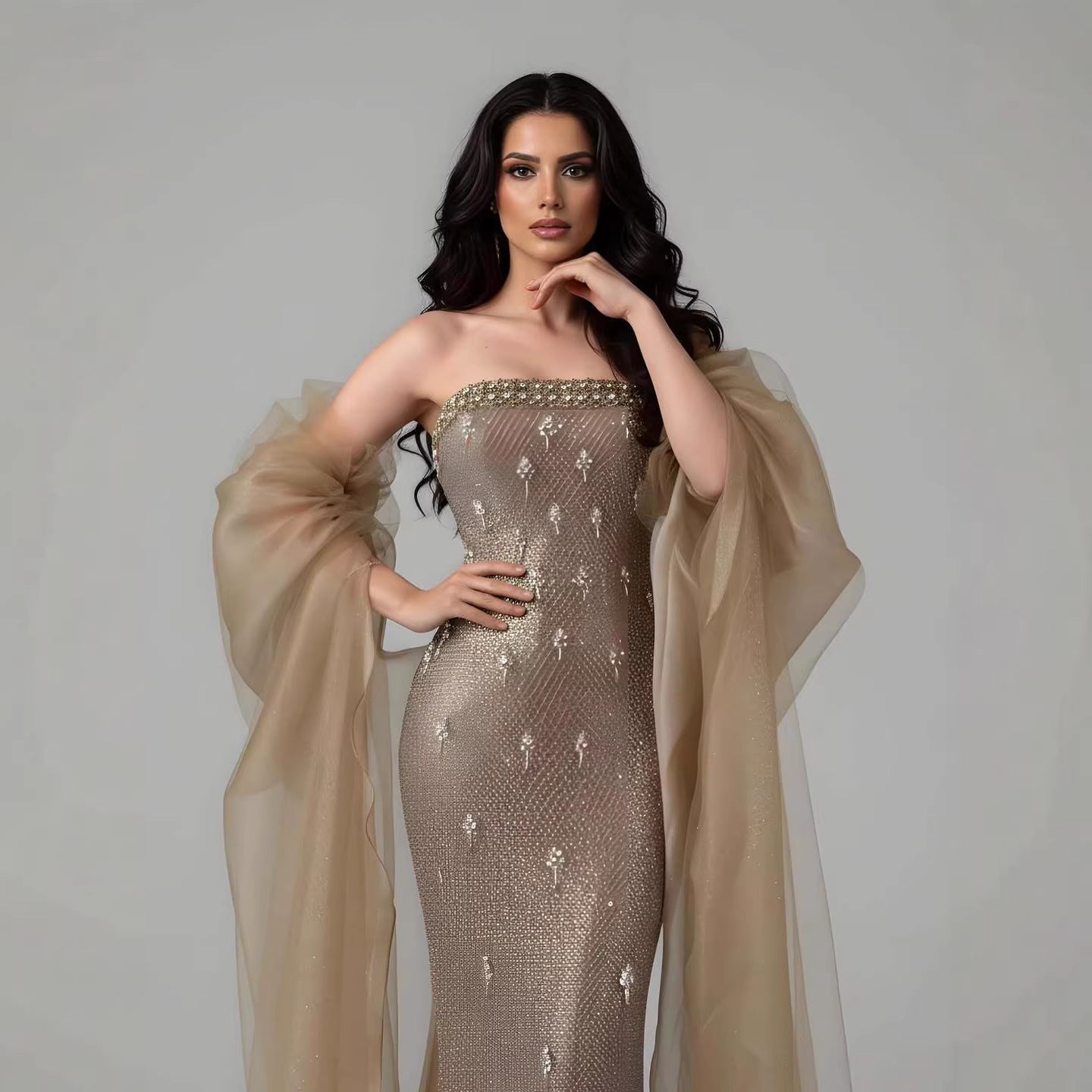 Luxury Gold Crystal Mermaid Evening Dress with Cape LA73387