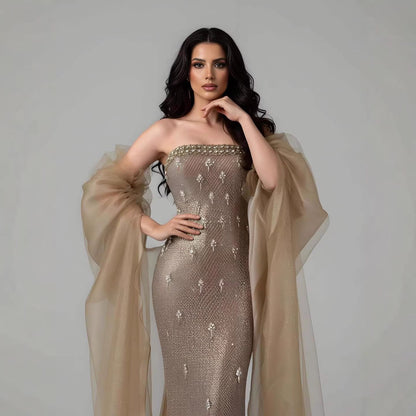 Luxury Gold Crystal Mermaid Evening Dress with Cape LA73387