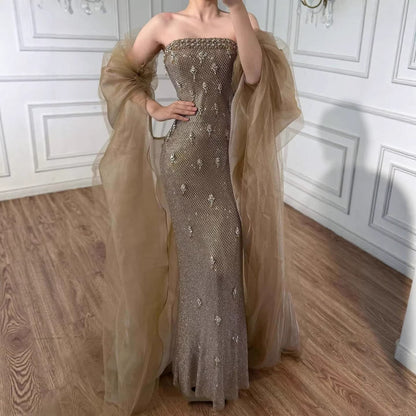 Luxury Gold Crystal Mermaid Evening Dress with Cape LA73387