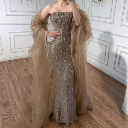 Luxury Gold Crystal Mermaid Evening Dress with Cape LA73387
