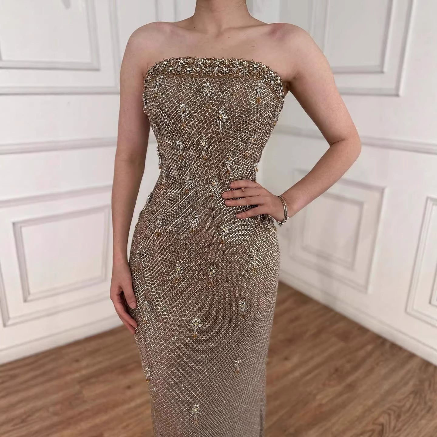 Luxury Gold Crystal Mermaid Evening Dress with Cape LA73387