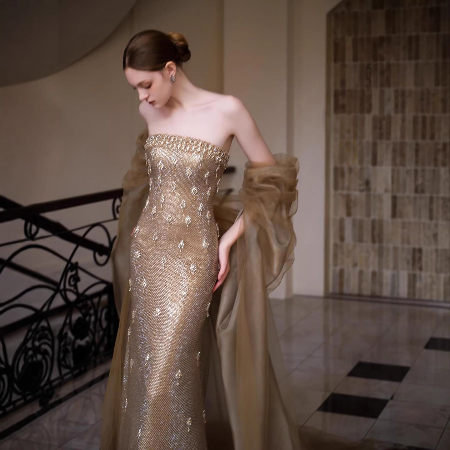 Luxury Gold Crystal Mermaid Evening Dress with Cape LA73387