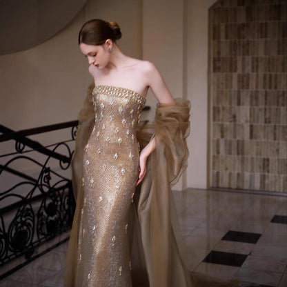 Luxury Gold Crystal Mermaid Evening Dress with Cape LA73387