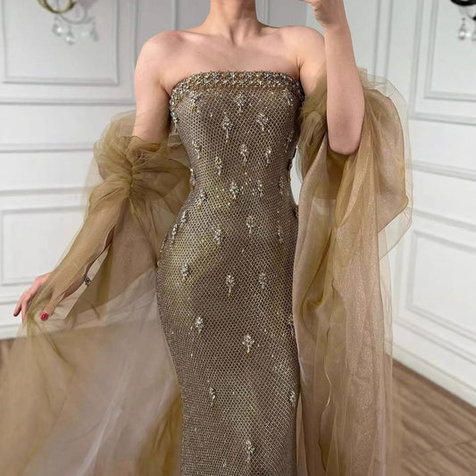 Luxury Gold Crystal Mermaid Evening Dress with Cape LA73387