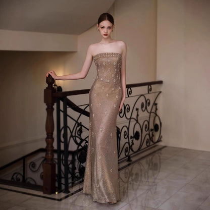 Luxury Gold Crystal Mermaid Evening Dress with Cape LA73387