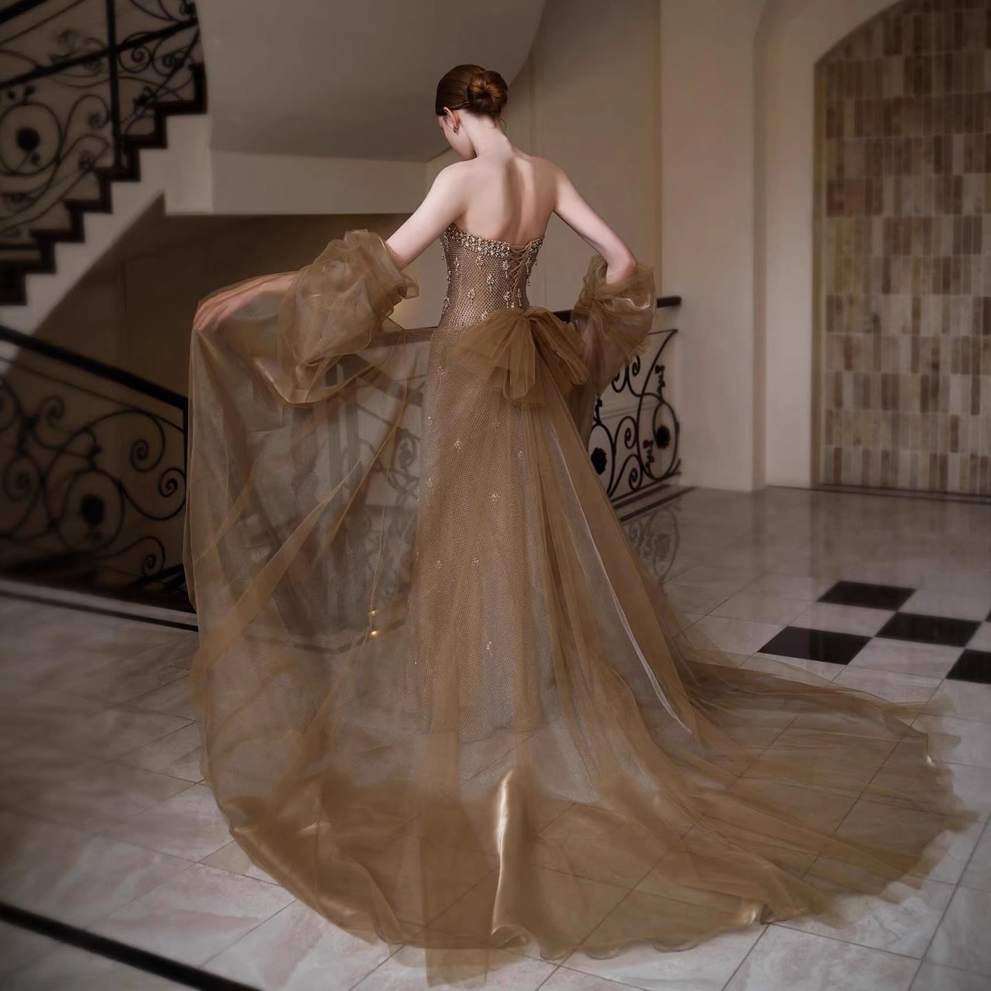 Luxury Gold Crystal Mermaid Evening Dress with Cape LA73387