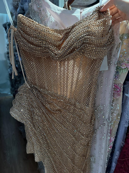 Gold Beaded Evening Dress with High Slit Sexy Gown LA73390