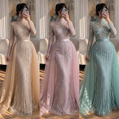 Luxury Nude High Neck Modest Beaded Mermaid Evening Dress LA73391A