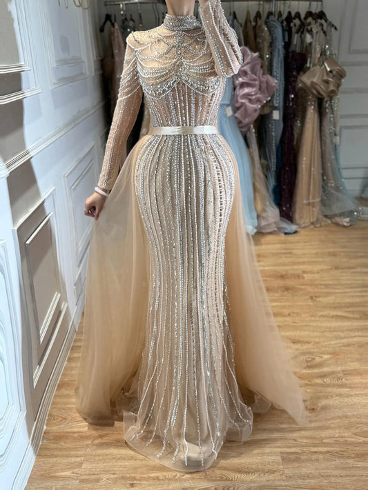 Luxury Nude High Neck Modest Beaded Mermaid Evening Dress LA73391A