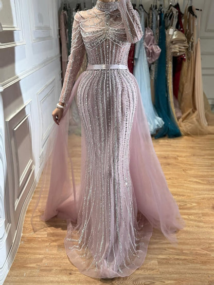 Luxury Nude High Neck Modest Beaded Mermaid Evening Dress LA73391A