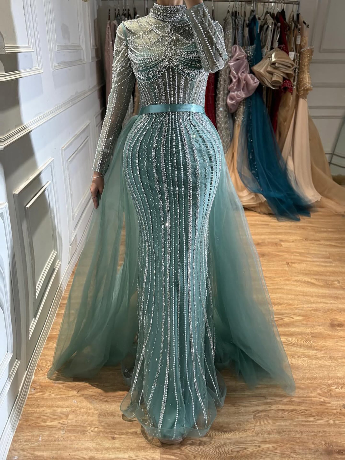 Luxury Nude High Neck Modest Beaded Mermaid Evening Dress LA73391A