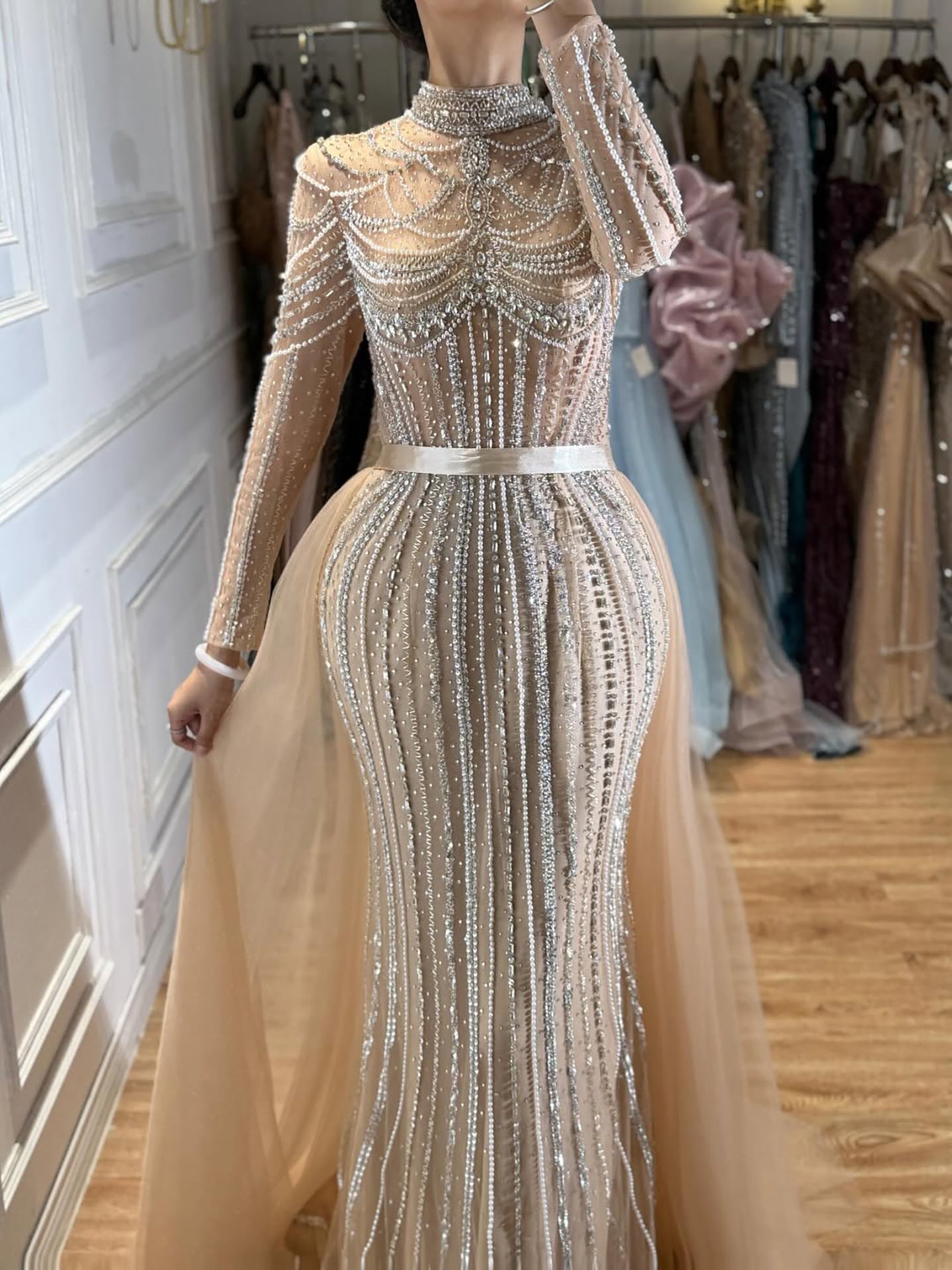 Luxury Nude High Neck Modest Beaded Mermaid Evening Dress LA73391A