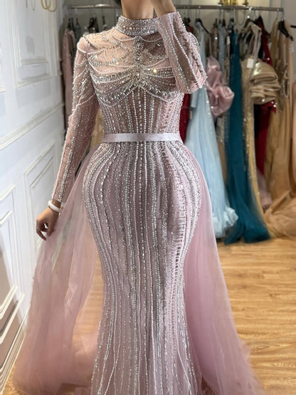 Luxury Nude High Neck Modest Beaded Mermaid Evening Dress LA73391A