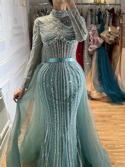 Luxury Nude High Neck Modest Beaded Mermaid Evening Dress LA73391A