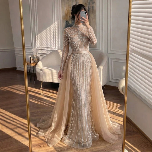 Luxury Nude High Neck Modest Beaded Mermaid Evening Dress LA73391A