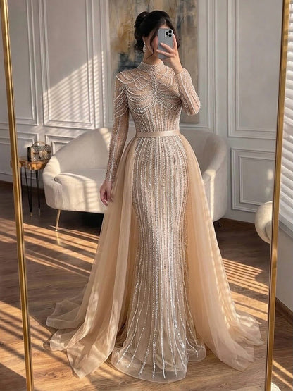Luxury Nude High Neck Modest Beaded Mermaid Evening Dress LA73391A