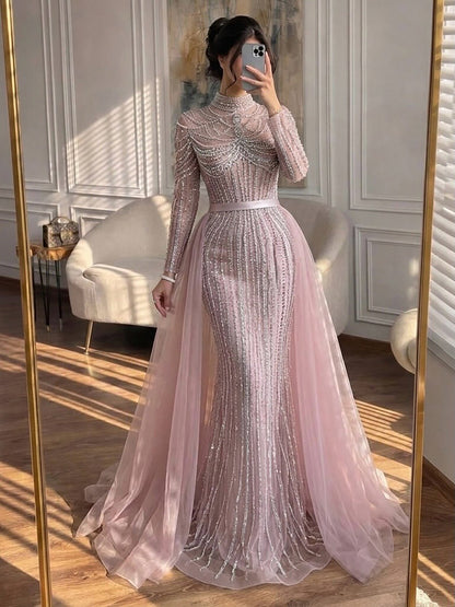 Luxury Nude High Neck Modest Beaded Mermaid Evening Dress LA73391A