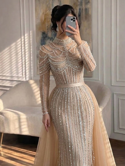 Luxury Nude High Neck Modest Beaded Mermaid Evening Dress LA73391A