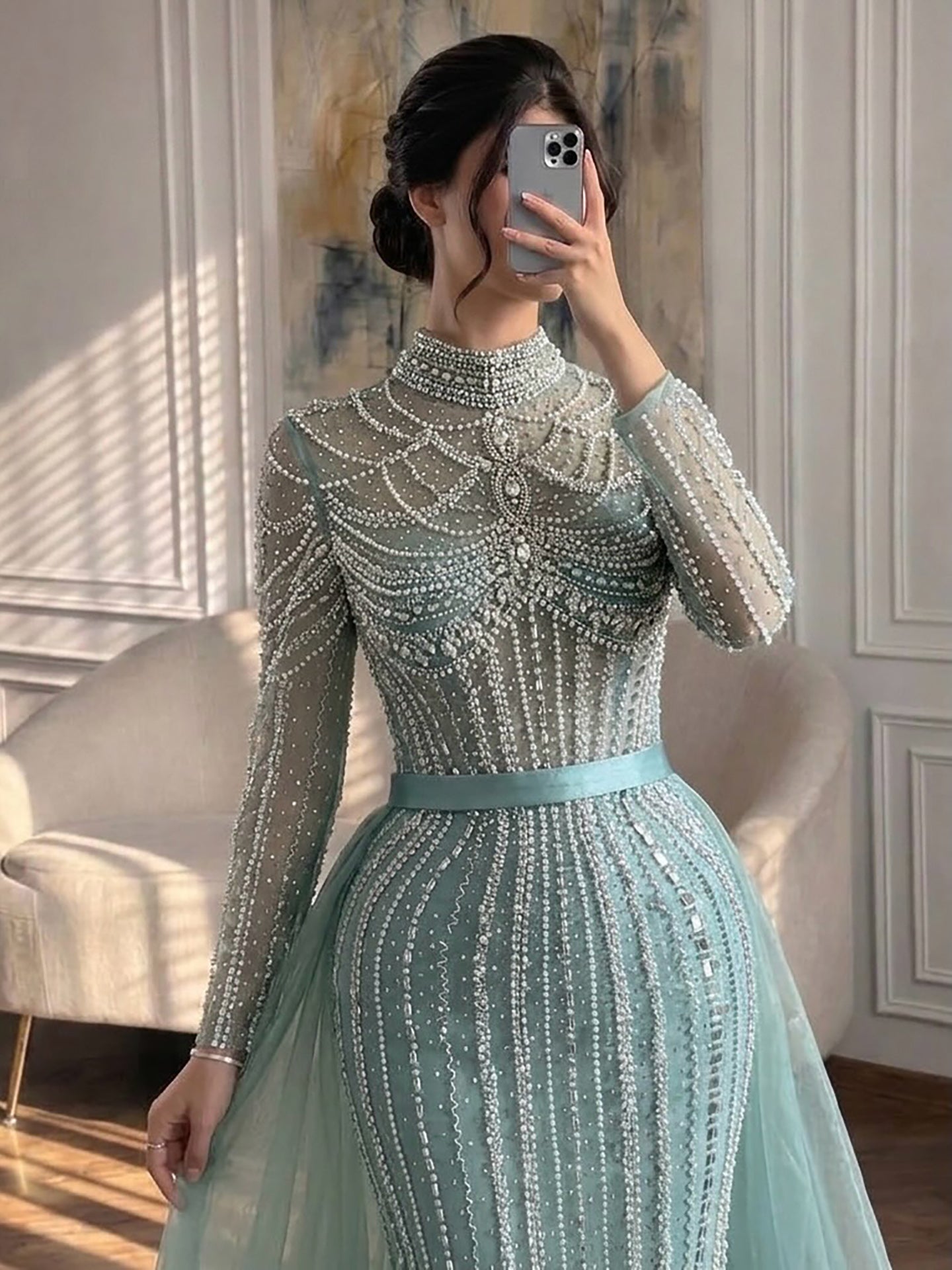 Luxury Nude High Neck Modest Beaded Mermaid Evening Dress LA73391A
