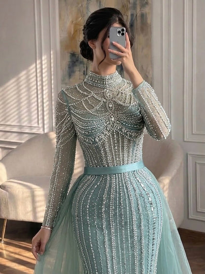 Luxury Nude High Neck Modest Beaded Mermaid Evening Dress LA73391A