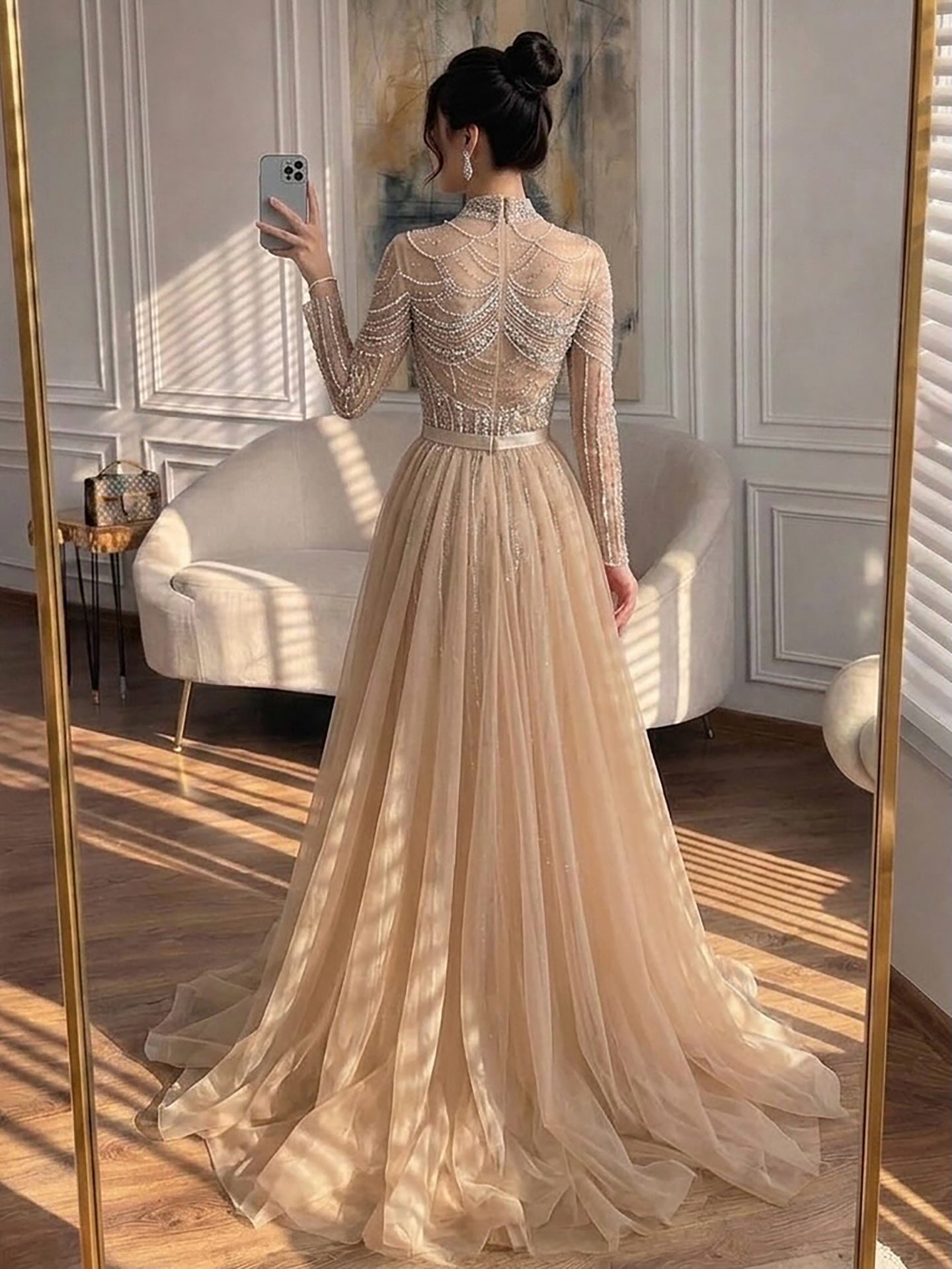 Luxury Nude High Neck Modest Beaded Mermaid Evening Dress LA73391A