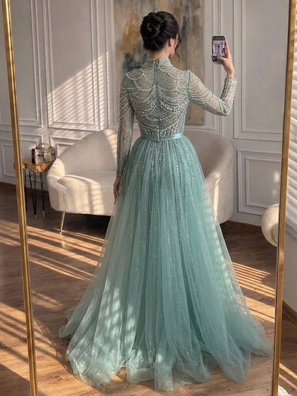 Luxury Nude High Neck Modest Beaded Mermaid Evening Dress LA73391A