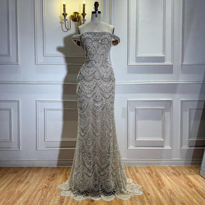 Luxury Nude Pearl Beaded Mermaid Off-the-Shoulder Evening Dress LA73395A