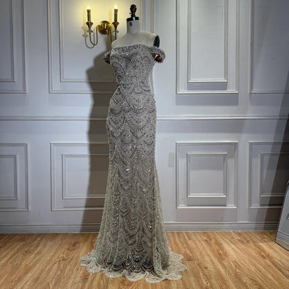 Luxury Nude Pearl Beaded Mermaid Off-the-Shoulder Evening Dress LA73395A