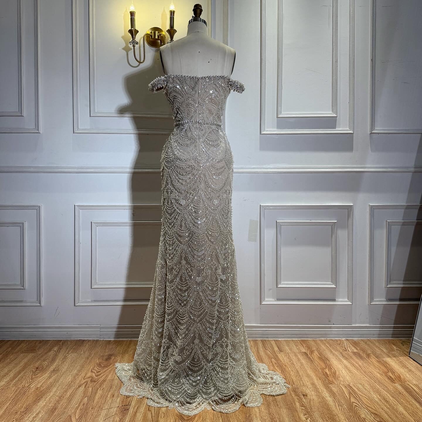 Luxury Nude Pearl Beaded Mermaid Off-the-Shoulder Evening Dress LA73395A