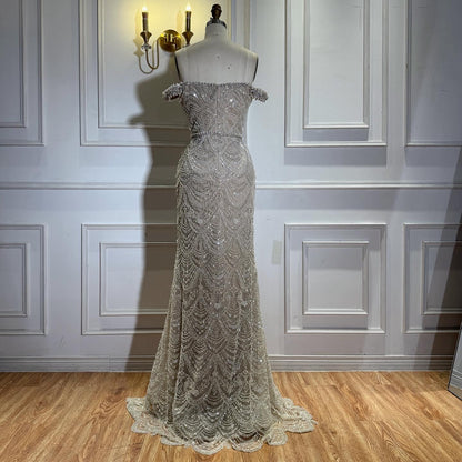 Luxury Nude Pearl Beaded Mermaid Off-the-Shoulder Evening Dress LA73395A