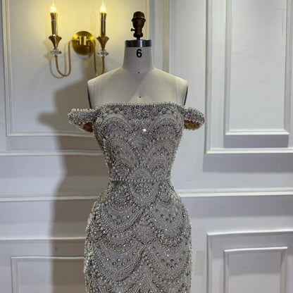 Luxury Nude Pearl Beaded Mermaid Off-the-Shoulder Evening Dress LA73395A