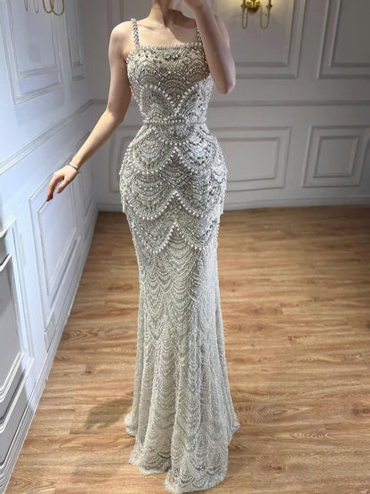 Luxury White Nude Heavy Beaded Evening Dress LA73395B