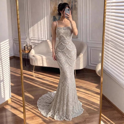 Luxury White Nude Heavy Beaded Evening Dress LA73395B