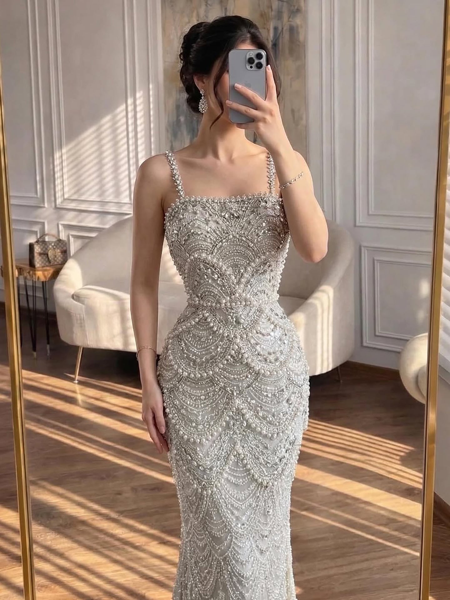 Luxury White Nude Heavy Beaded Evening Dress LA73395B