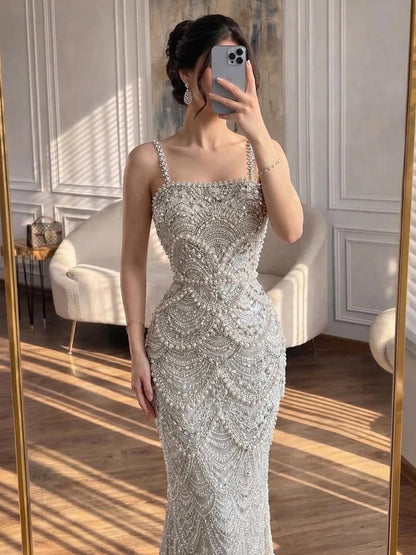Luxury White Nude Heavy Beaded Evening Dress LA73395B