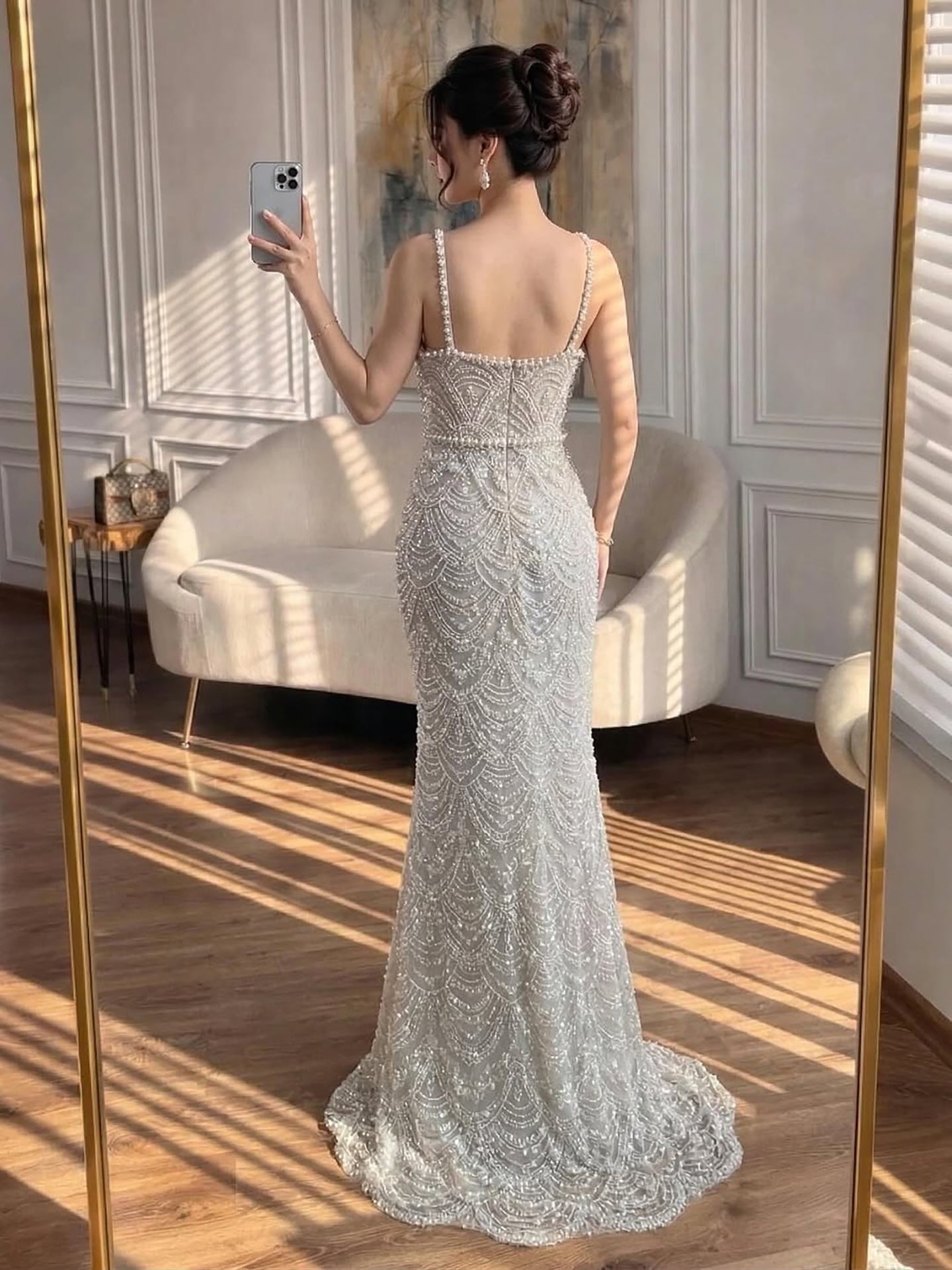 Luxury White Nude Heavy Beaded Evening Dress LA73395B
