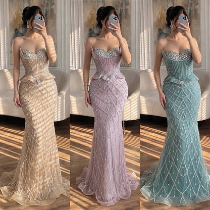 Luxury Nude Crystal Beaded Strapless Mermaid Evening Dress LA73400A