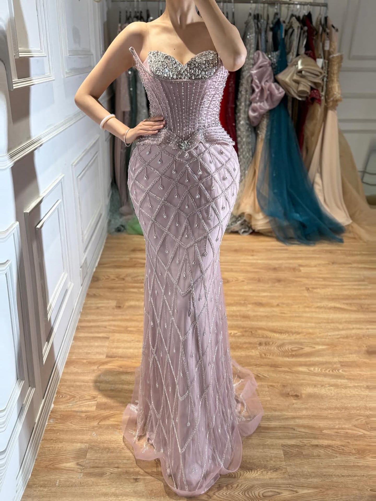 Luxury Nude Crystal Beaded Strapless Mermaid Evening Dress LA73400A