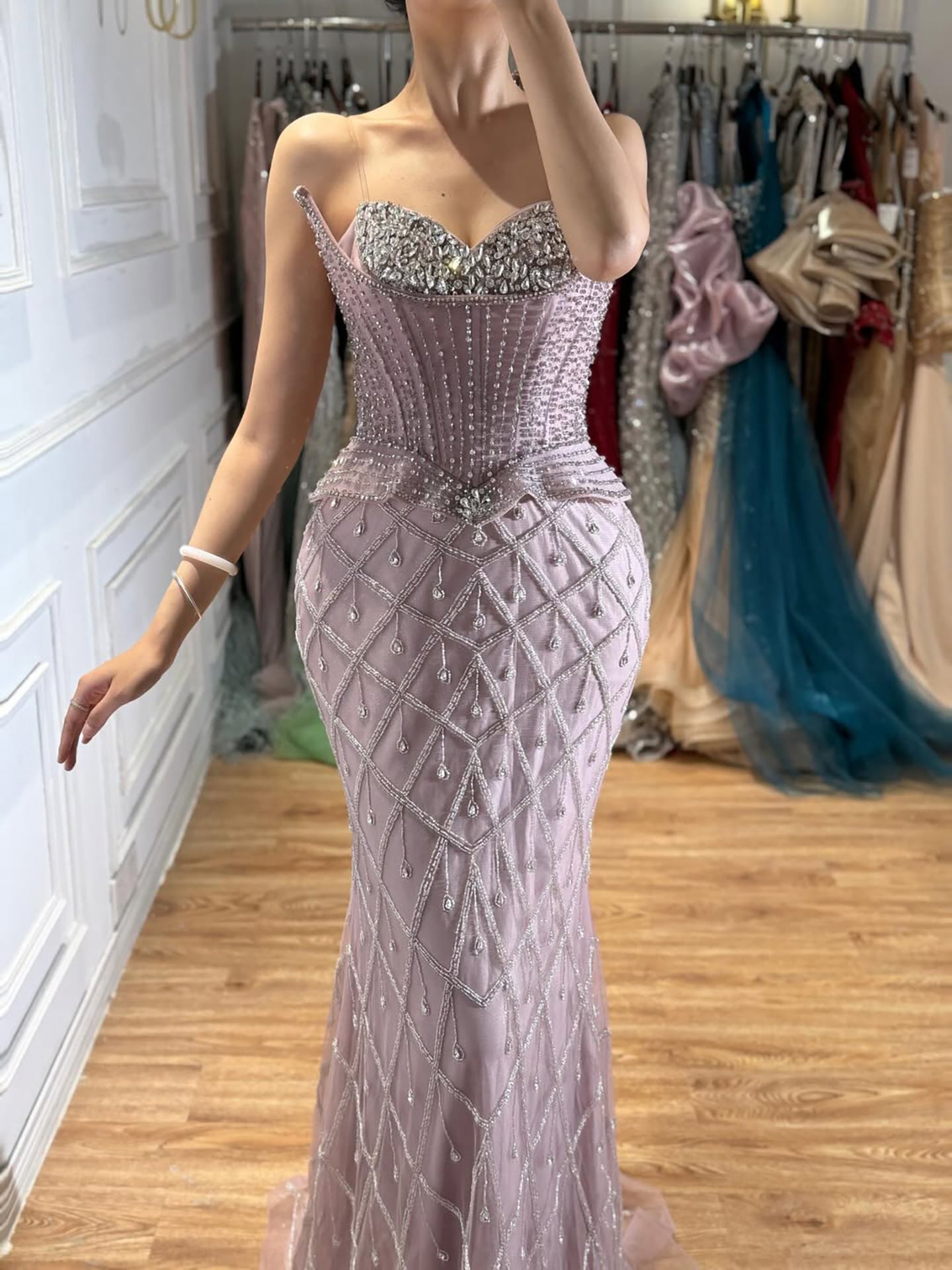 Luxury Nude Crystal Beaded Strapless Mermaid Evening Dress LA73400A