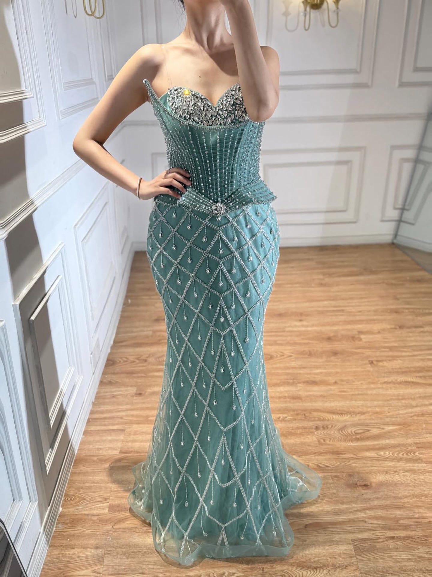 Luxury Nude Crystal Beaded Strapless Mermaid Evening Dress LA73400A