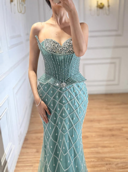 Luxury Nude Crystal Beaded Strapless Mermaid Evening Dress LA73400A