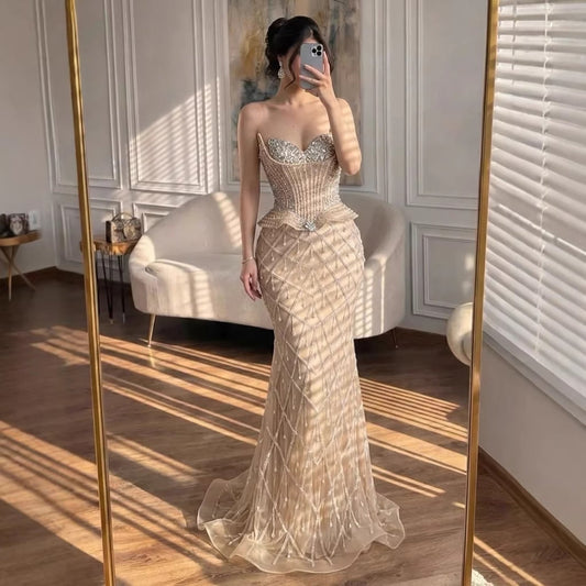 Luxury Nude Crystal Beaded Strapless Mermaid Evening Dress LA73400A